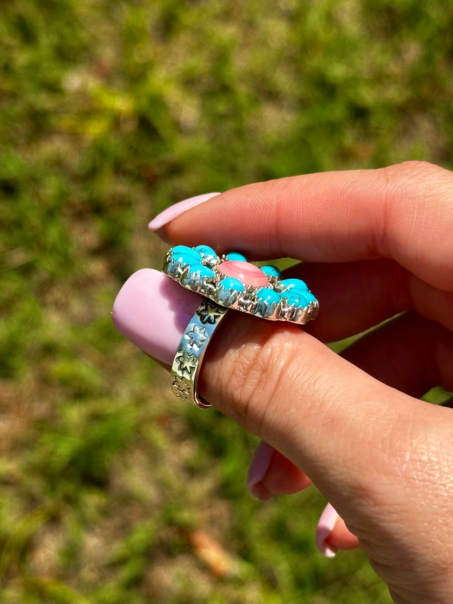 Adjustable Turquoise & pink conch ring
