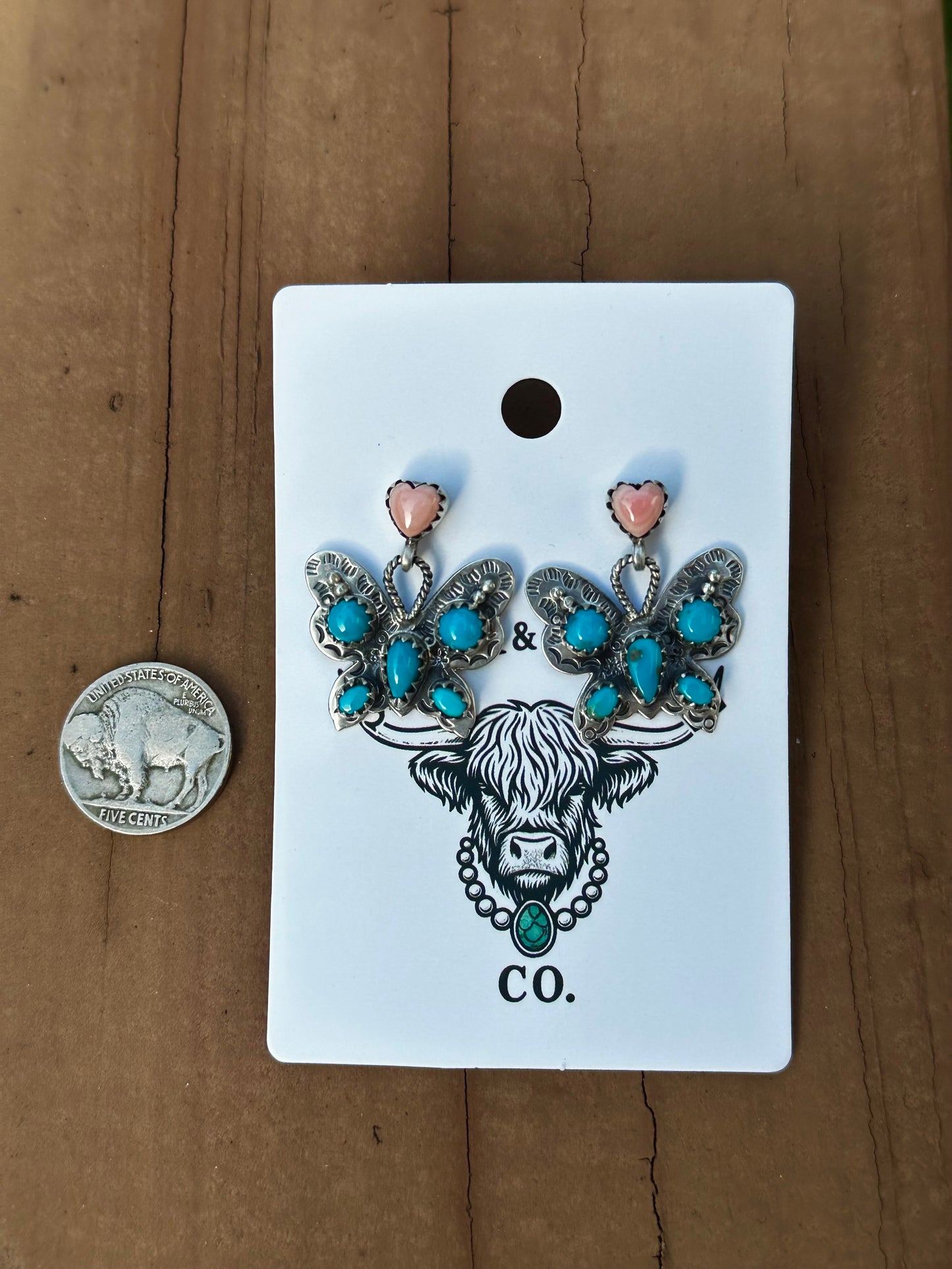 Kingman and pink conch, butterfly earrings