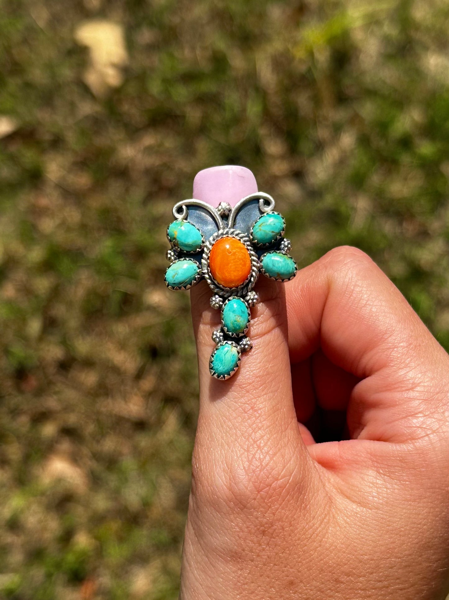 Adjustable kingman & orange spiny dragonfly ring
