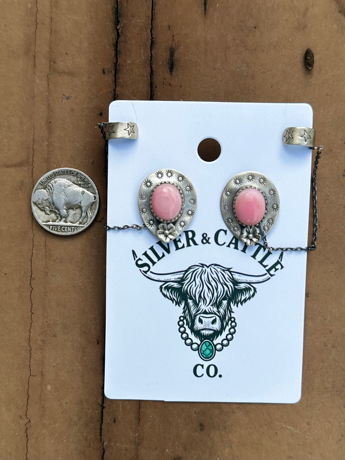 Pink conch earrings with adjustable ear cuff