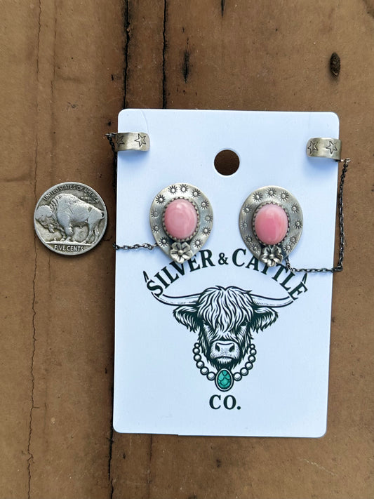 Pink conch earrings with adjustable ear cuff
