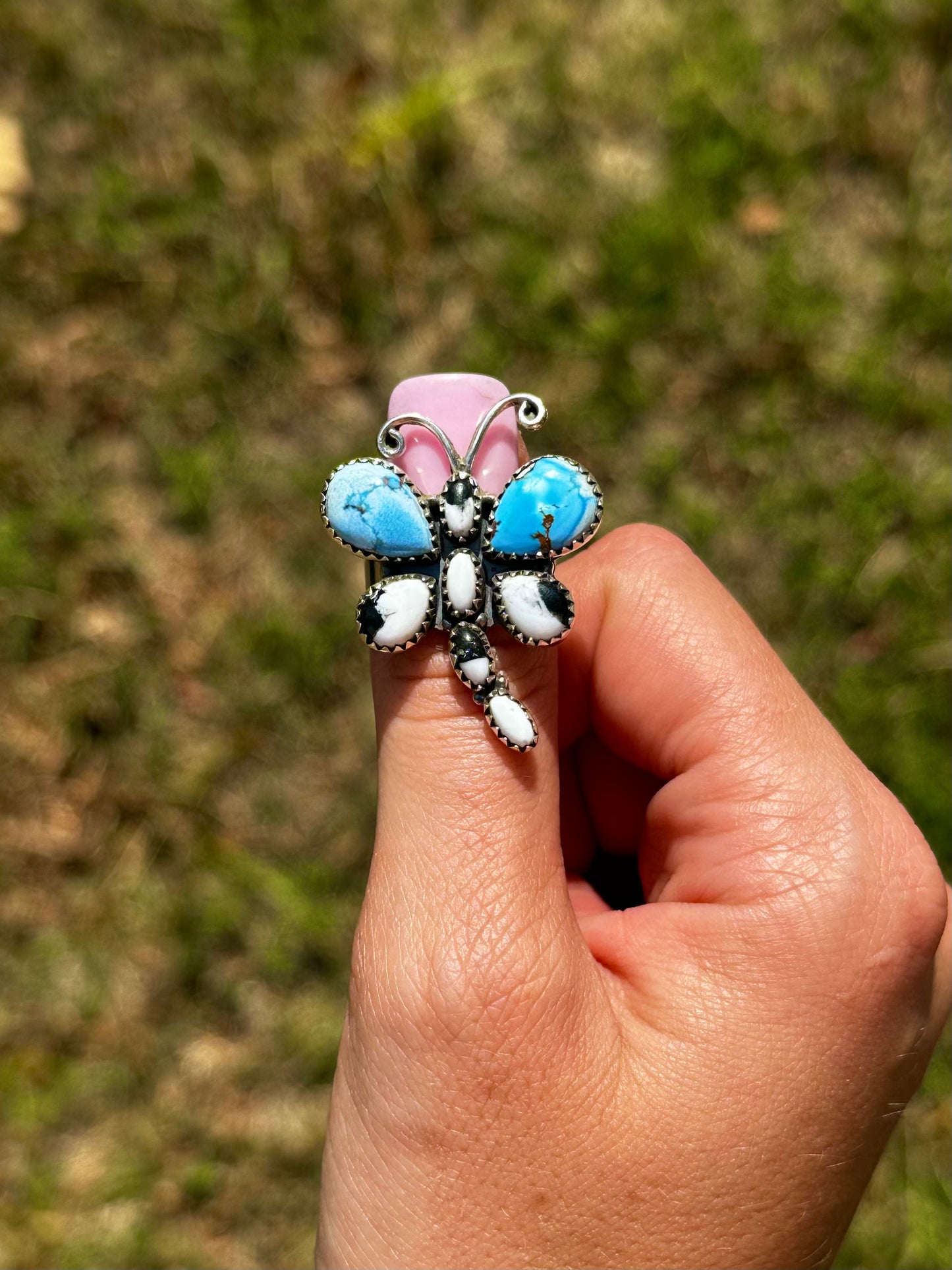 Adjustable Golden hills & white buffalo dragonfly ring