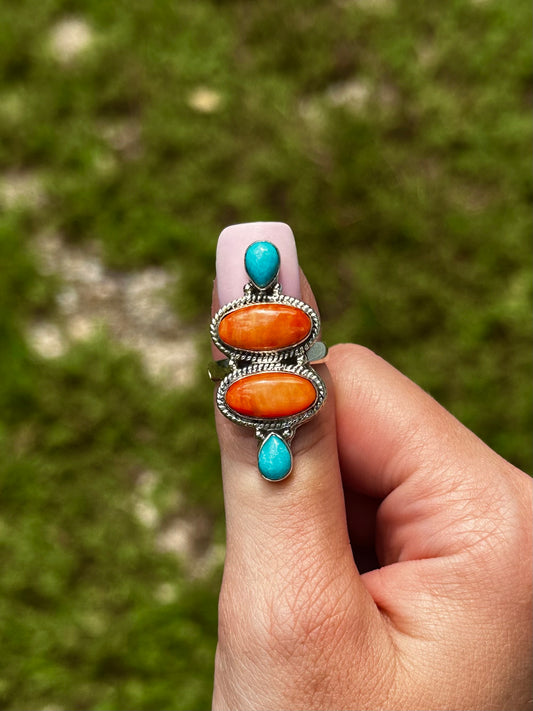 Adjustable orange spiny & kingman ring