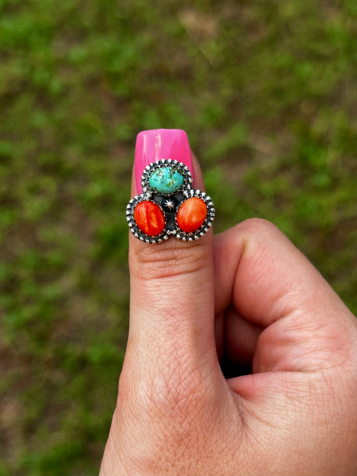 Adjustable orange spiny & turquoise ring