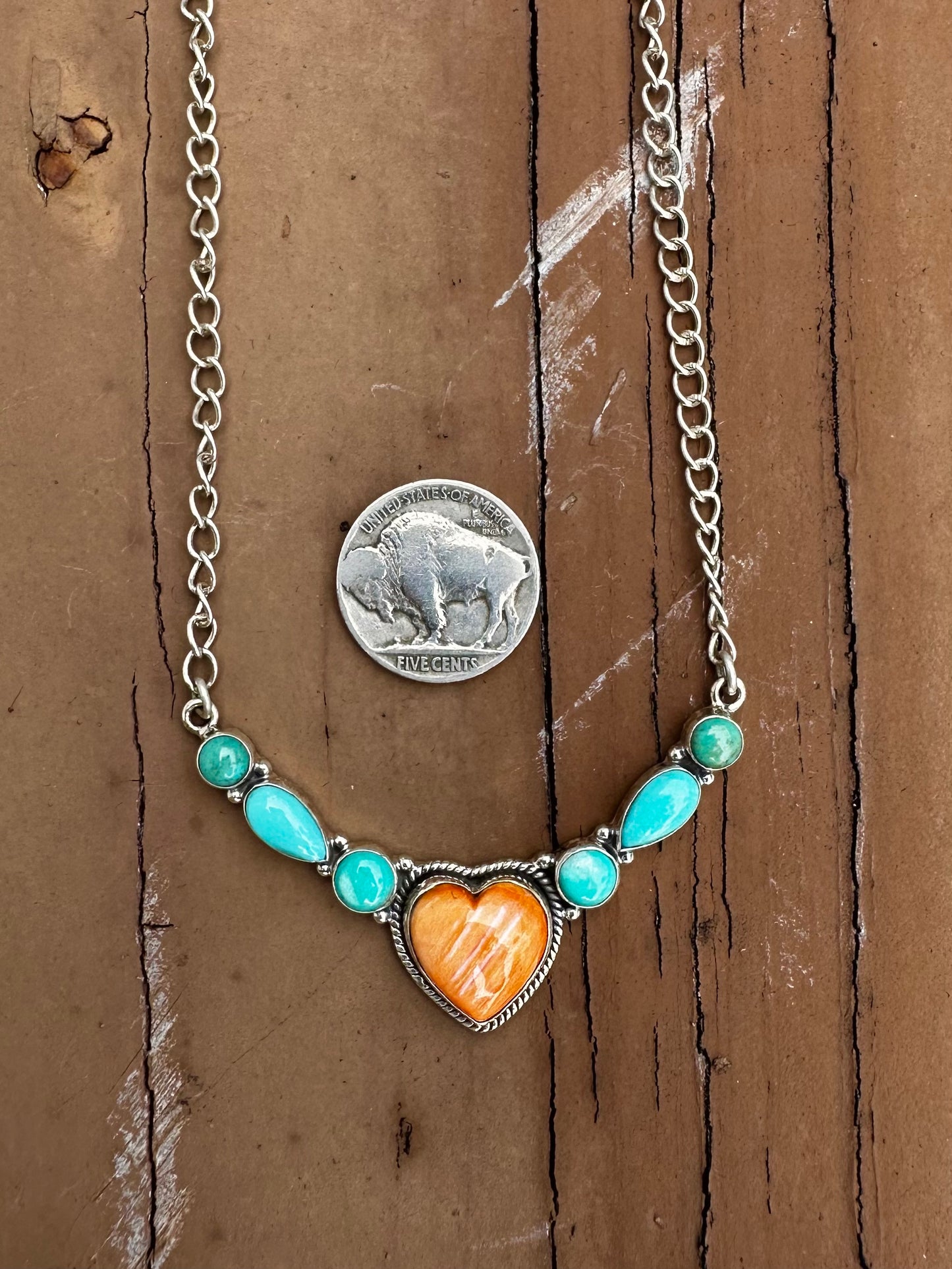 Orange spiny heart & kingman turquoise necklace