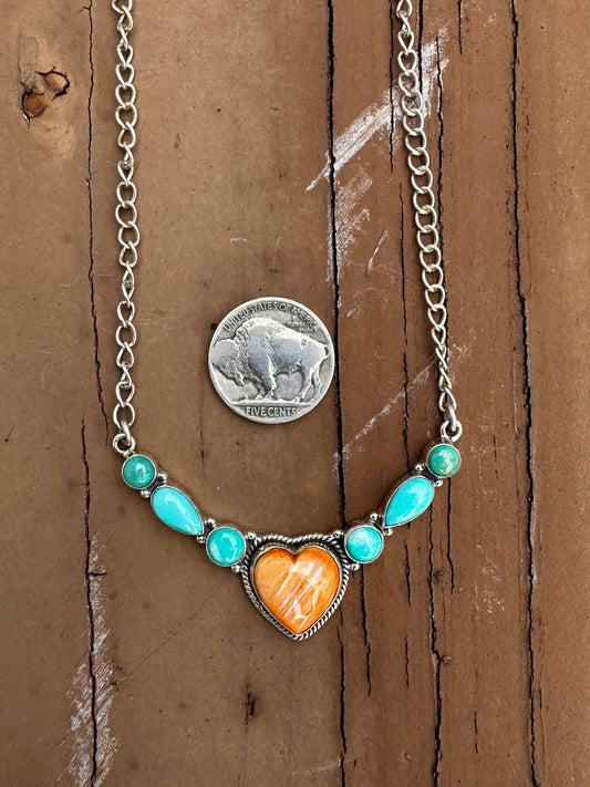 Orange spiny heart & kingman turquoise necklace