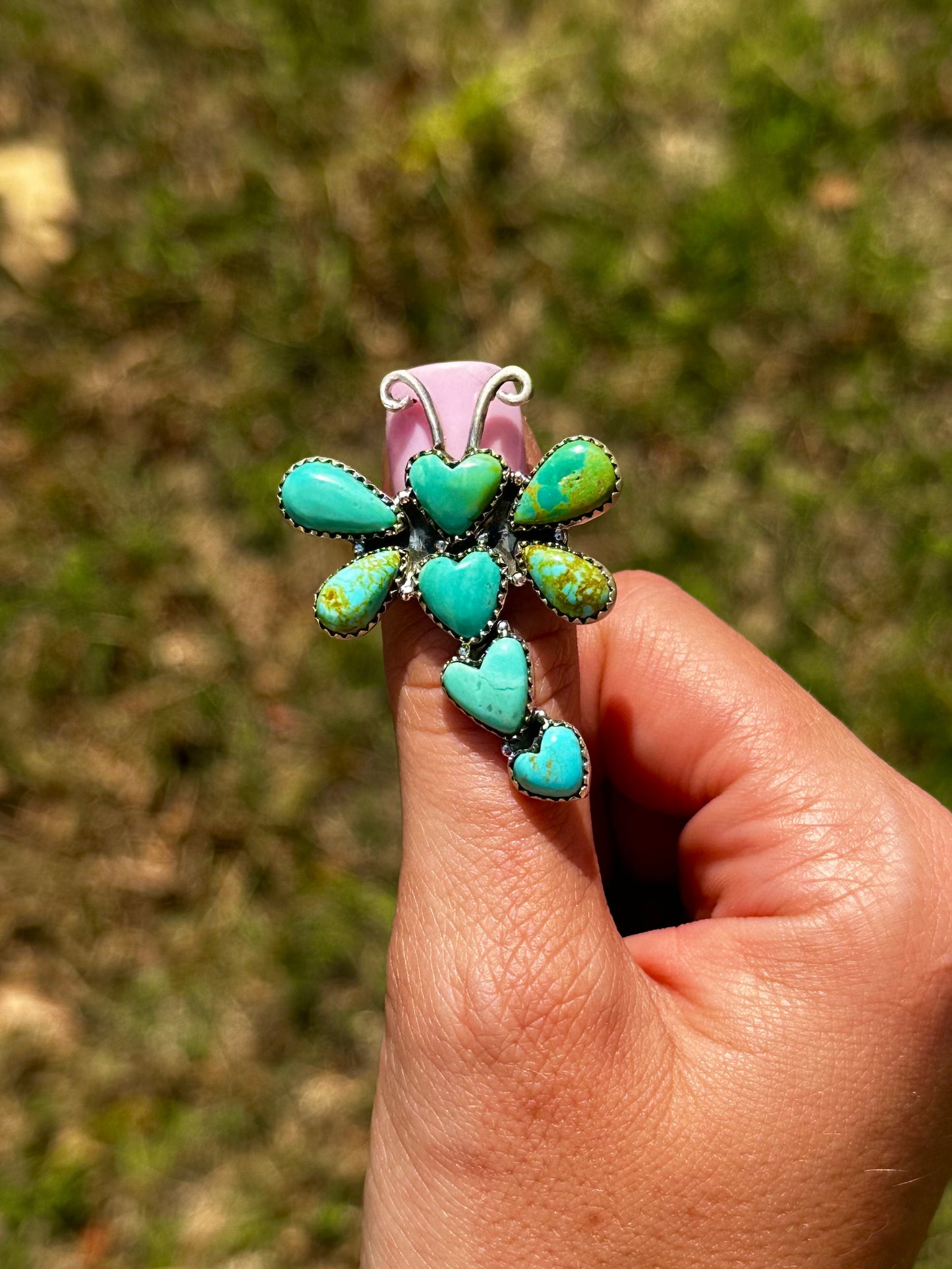 Adjustable turquoise heart dragonfly ring