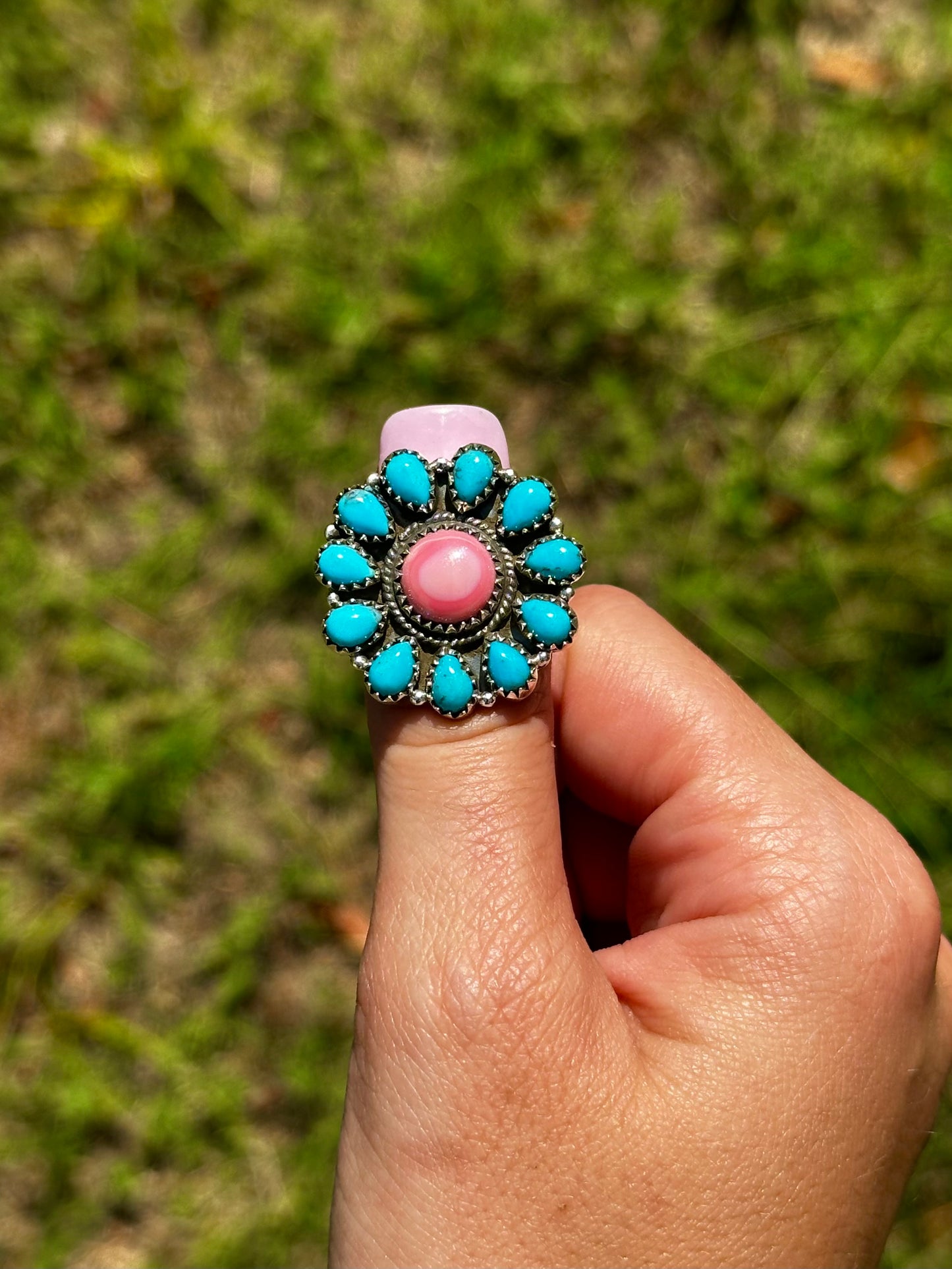 Adjustable Turquoise & pink conch ring