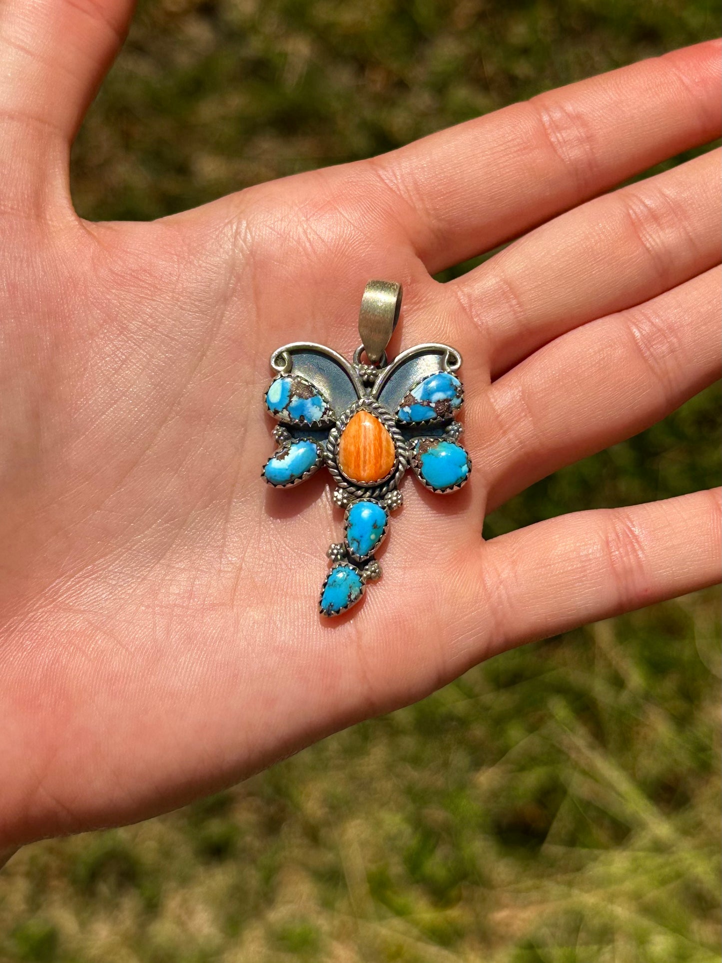 Golden hills & Orange spiny dragonfly pendant