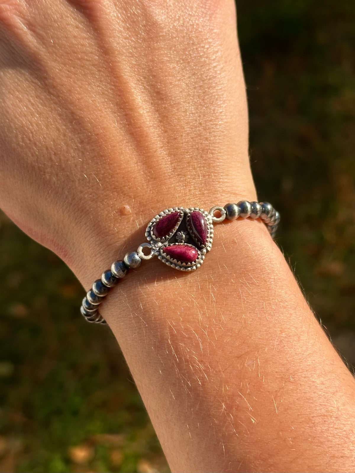 Purple spiny stretch bracelet with 5mm sterling pearls