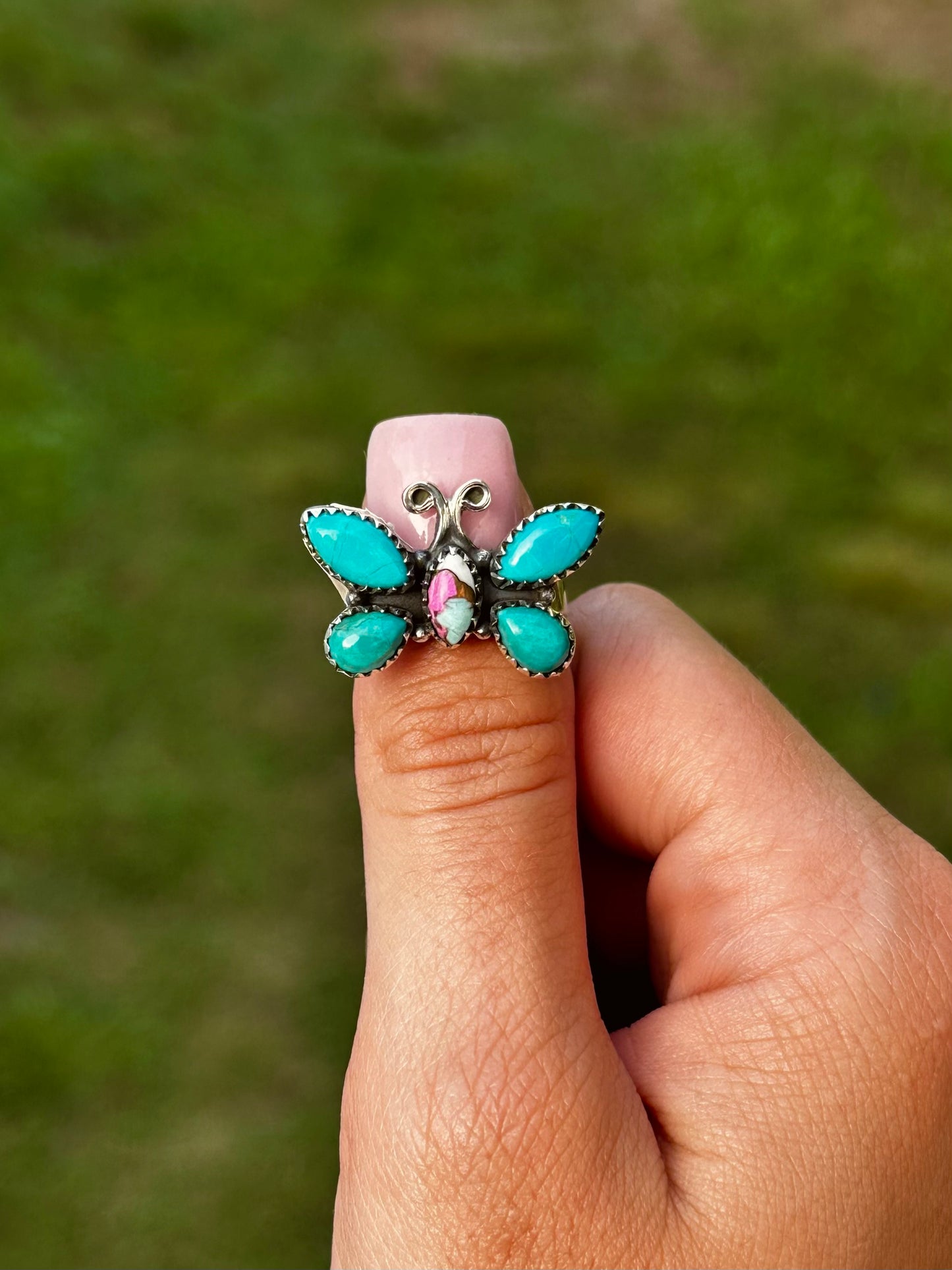 Adjustable Kingman and cotton candy butterfly ring