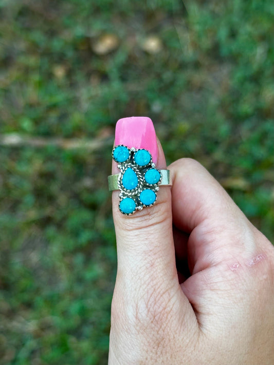 Adjustable turquoise half cluster ring