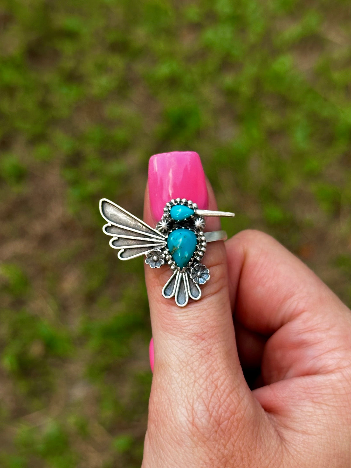 Adjustable turquoise humming bird ring