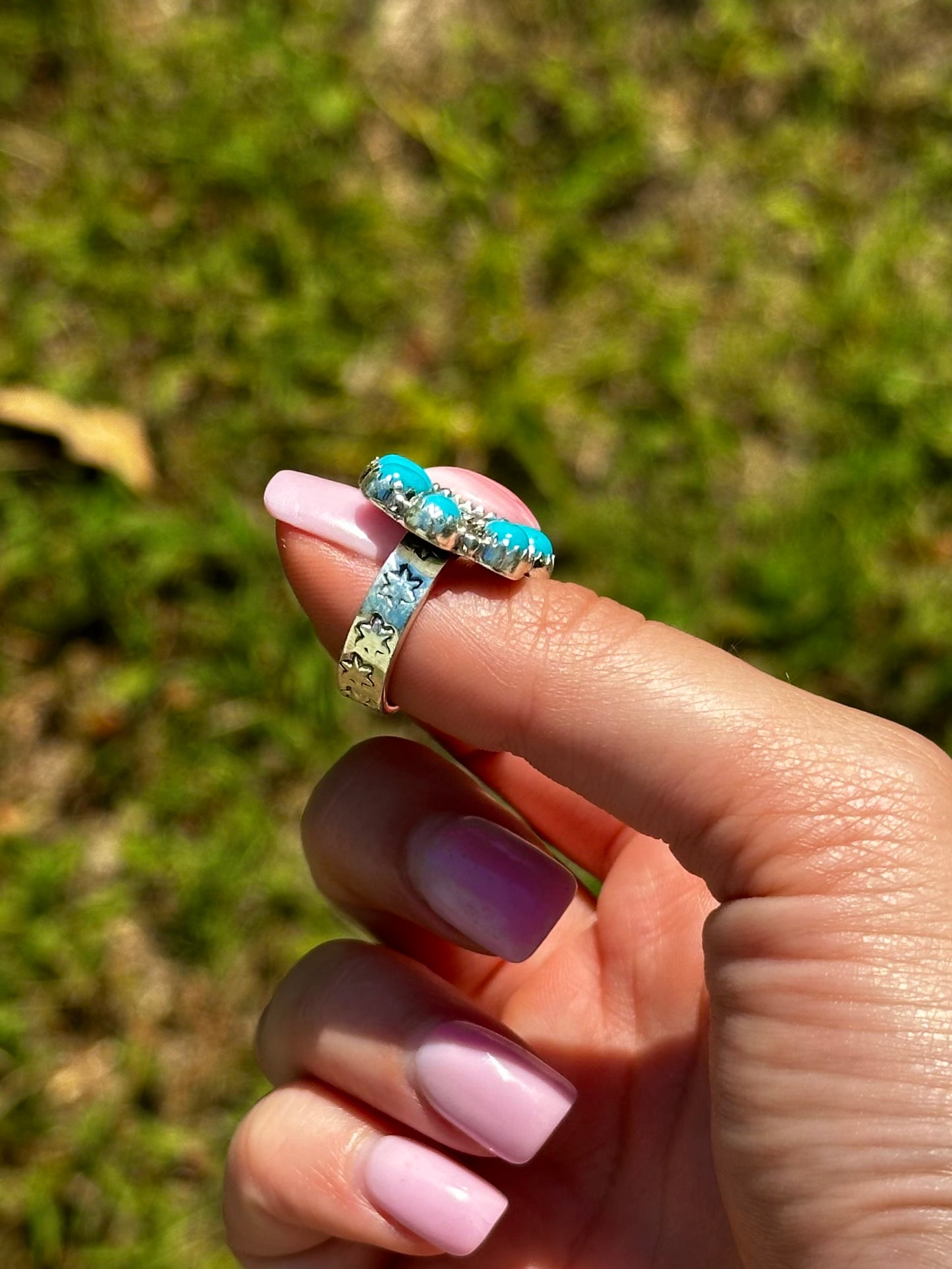 Adjustable Pink conch & turquoise floater ring | size 6.5+