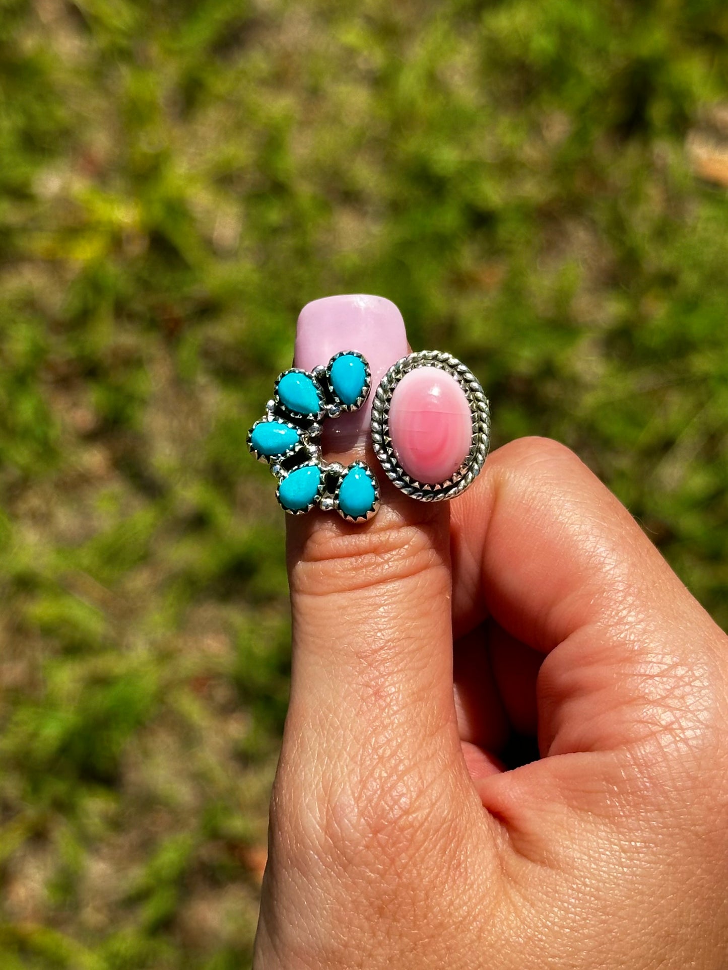 Adjustable Pink conch & turquoise floater ring | size 6.5+