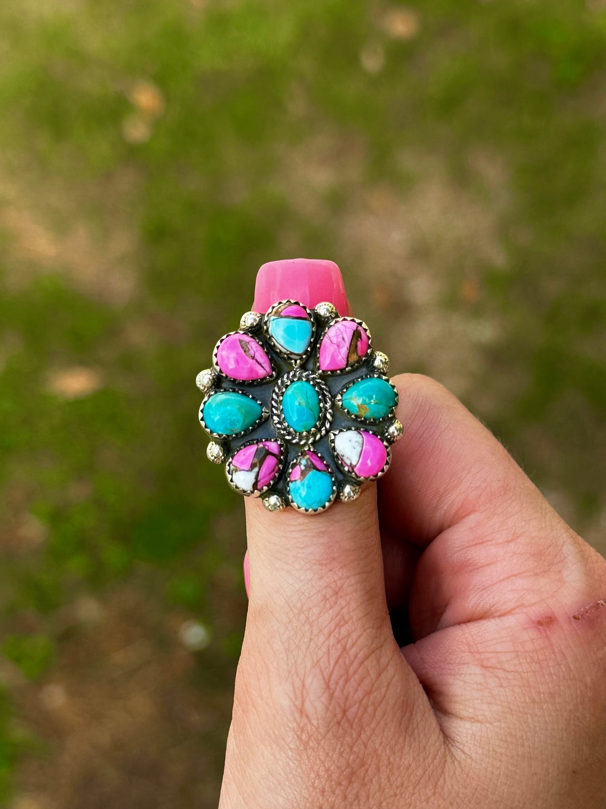 Adjustable cotton candy & turquoise ring