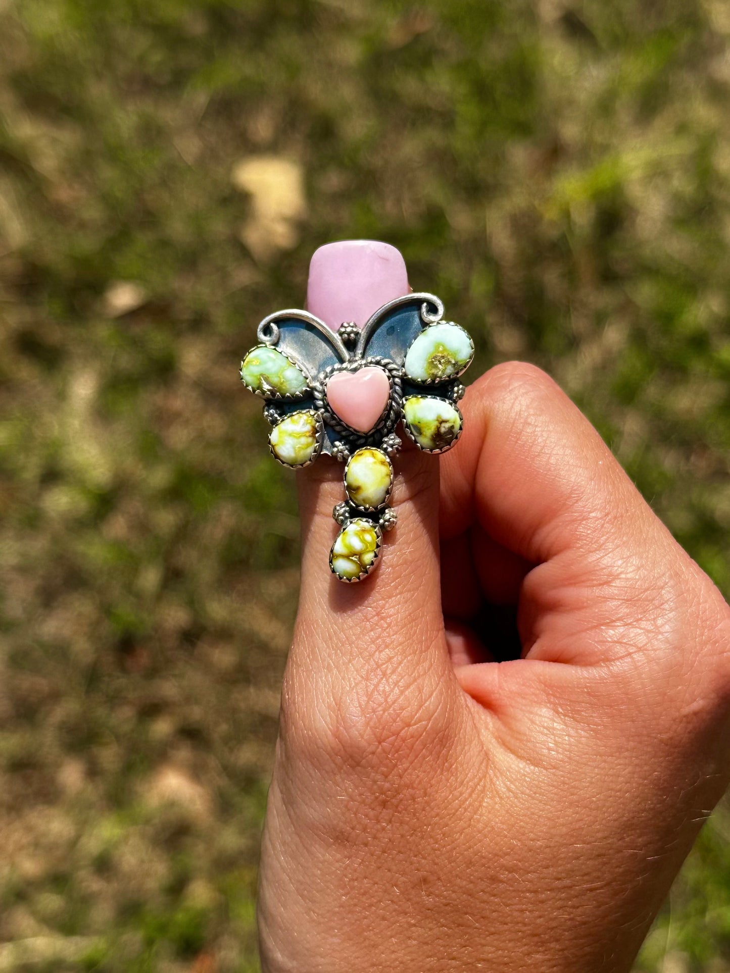Adjustable Palomino & pink conch dragonfly ring