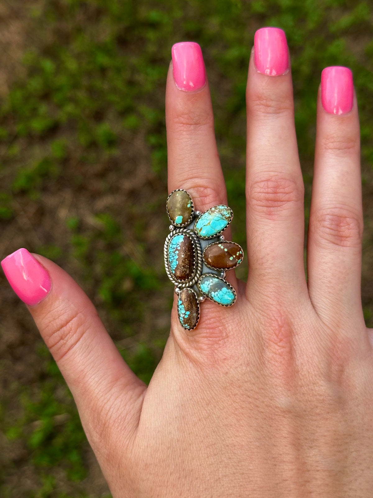 Adjustable #8 turquoise half cluster ring