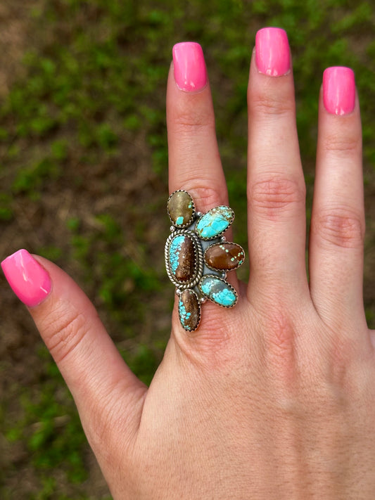 Adjustable #8 turquoise half cluster ring