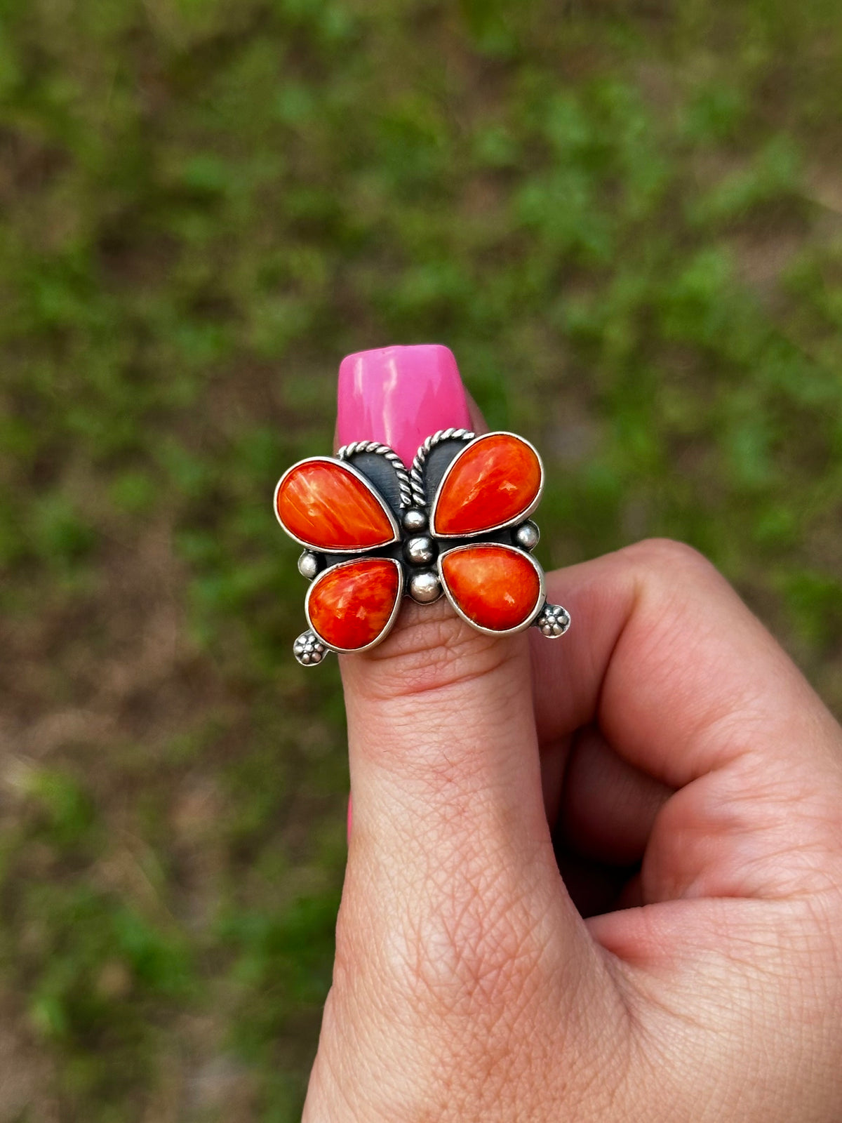 Adjustable orange spiny butterfly ring