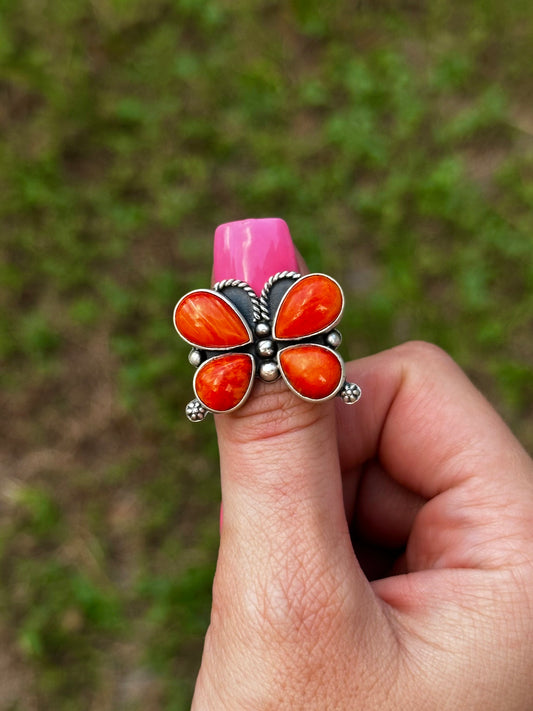 Adjustable orange spiny butterfly ring