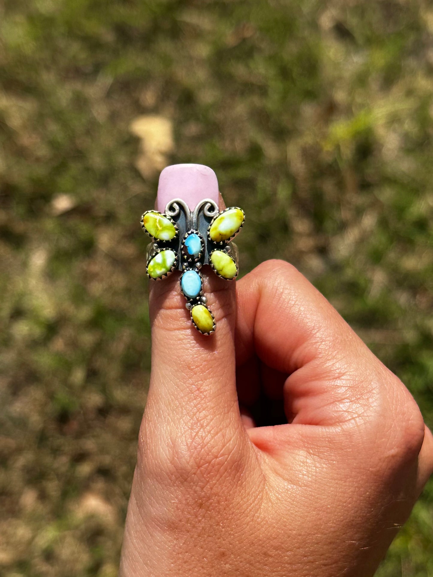 Adjustable multi stone dragonfly ring