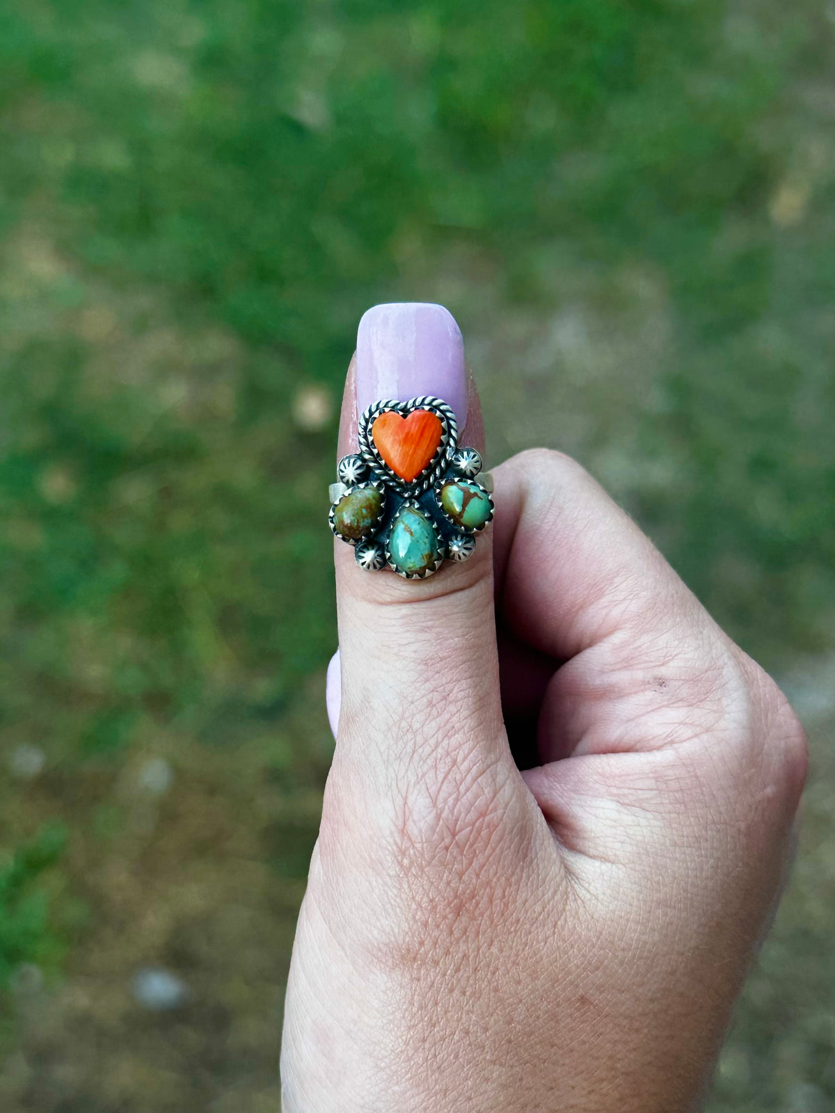 Adjustable orange spiny & turquoise heart ring