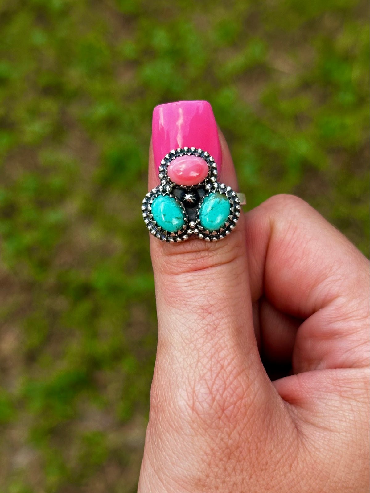 Adjustable turquoise & pink conch ring