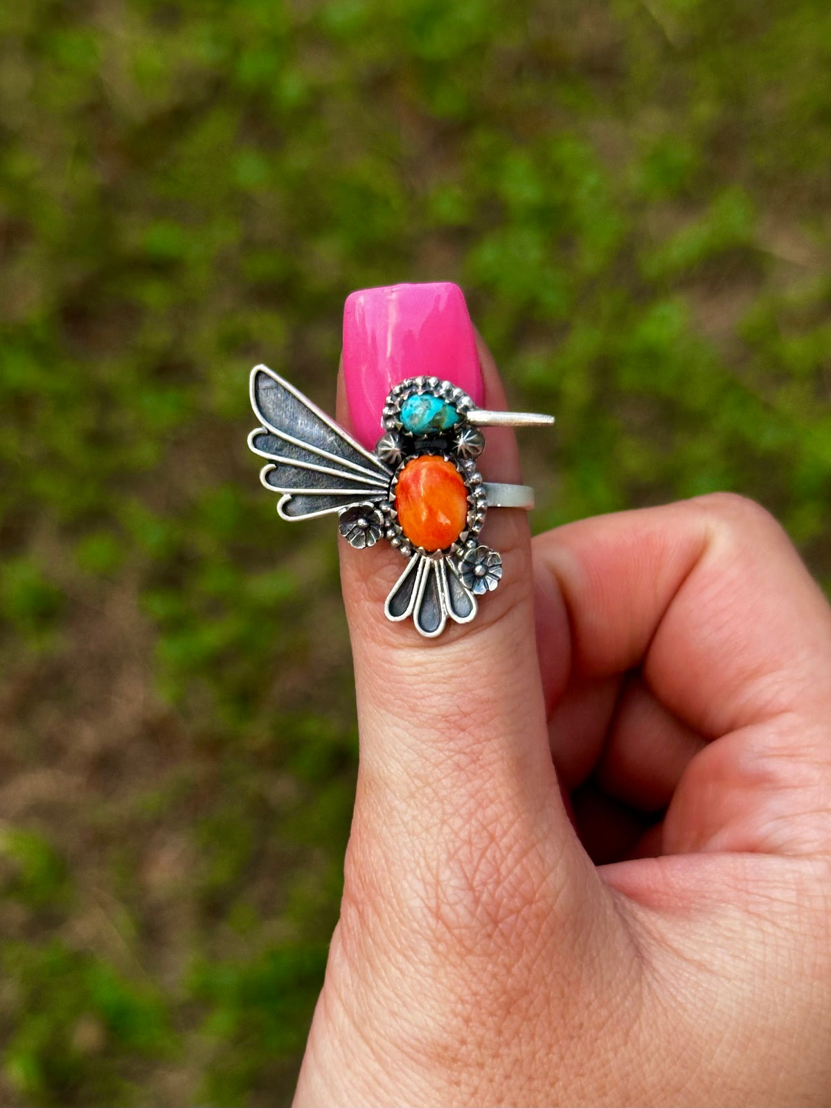 Adjustable orange spiny & turquoise humming bird ring
