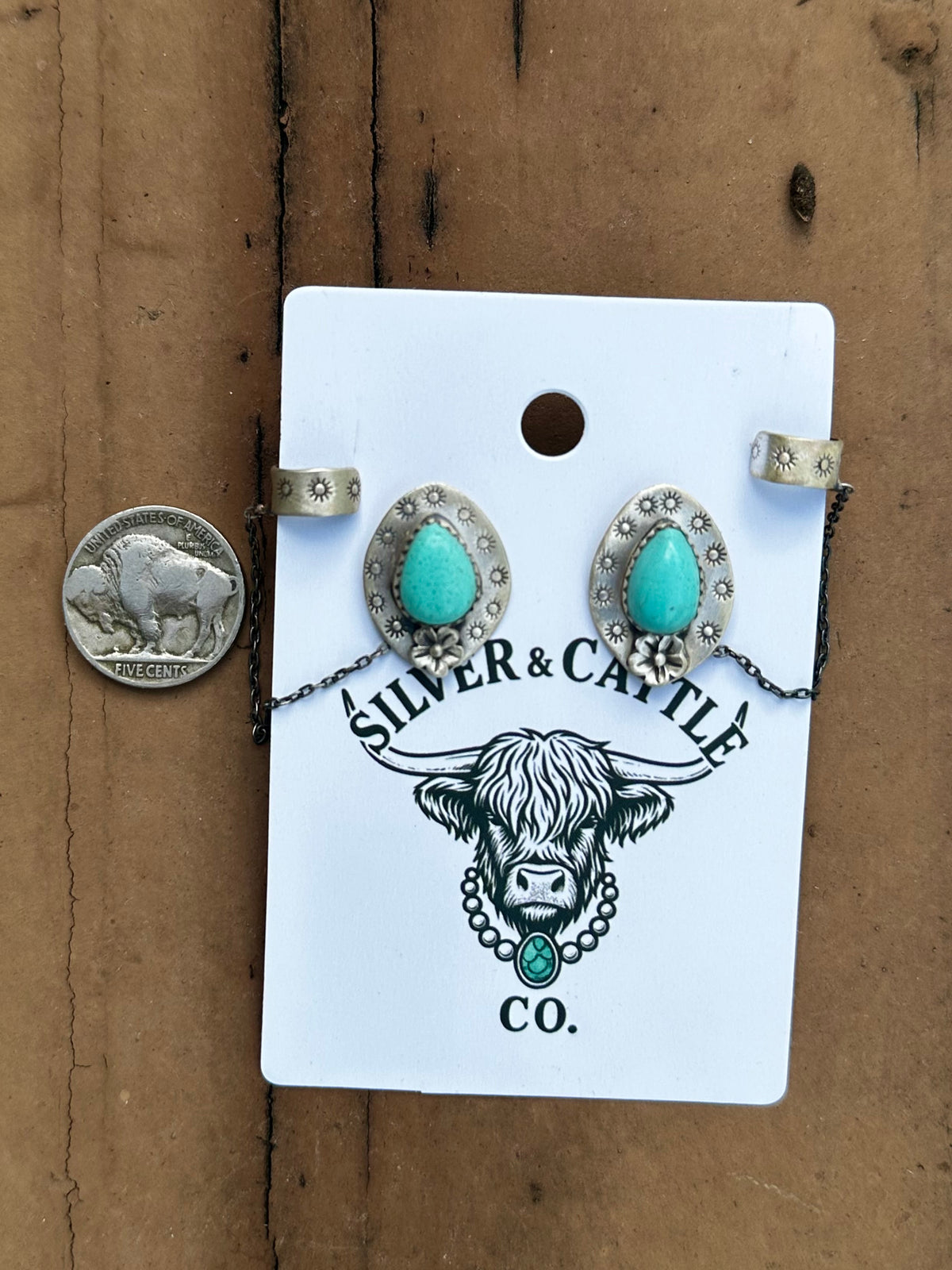Turquoise earrings with adjustable ear cuff
