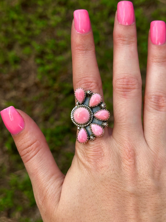 Adjustable pink conch half cluster ring