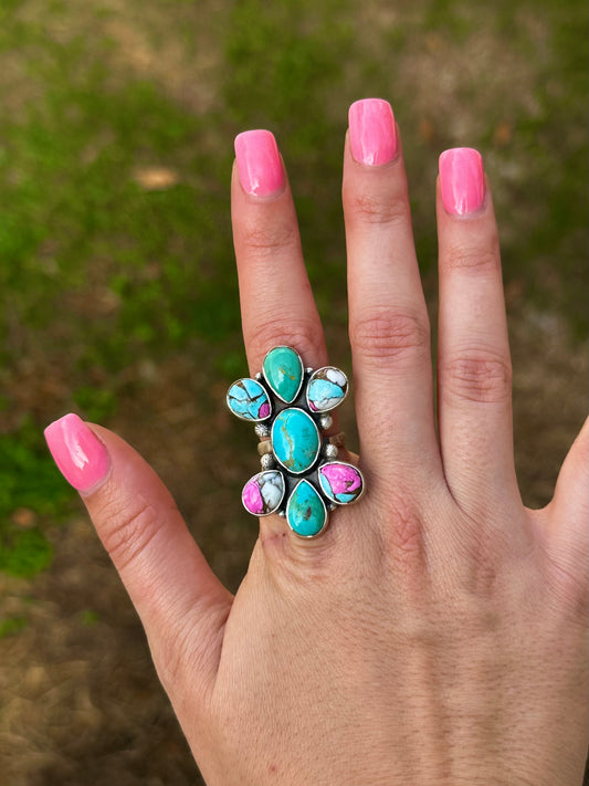 Adjustable cotton candy & turquoise ring