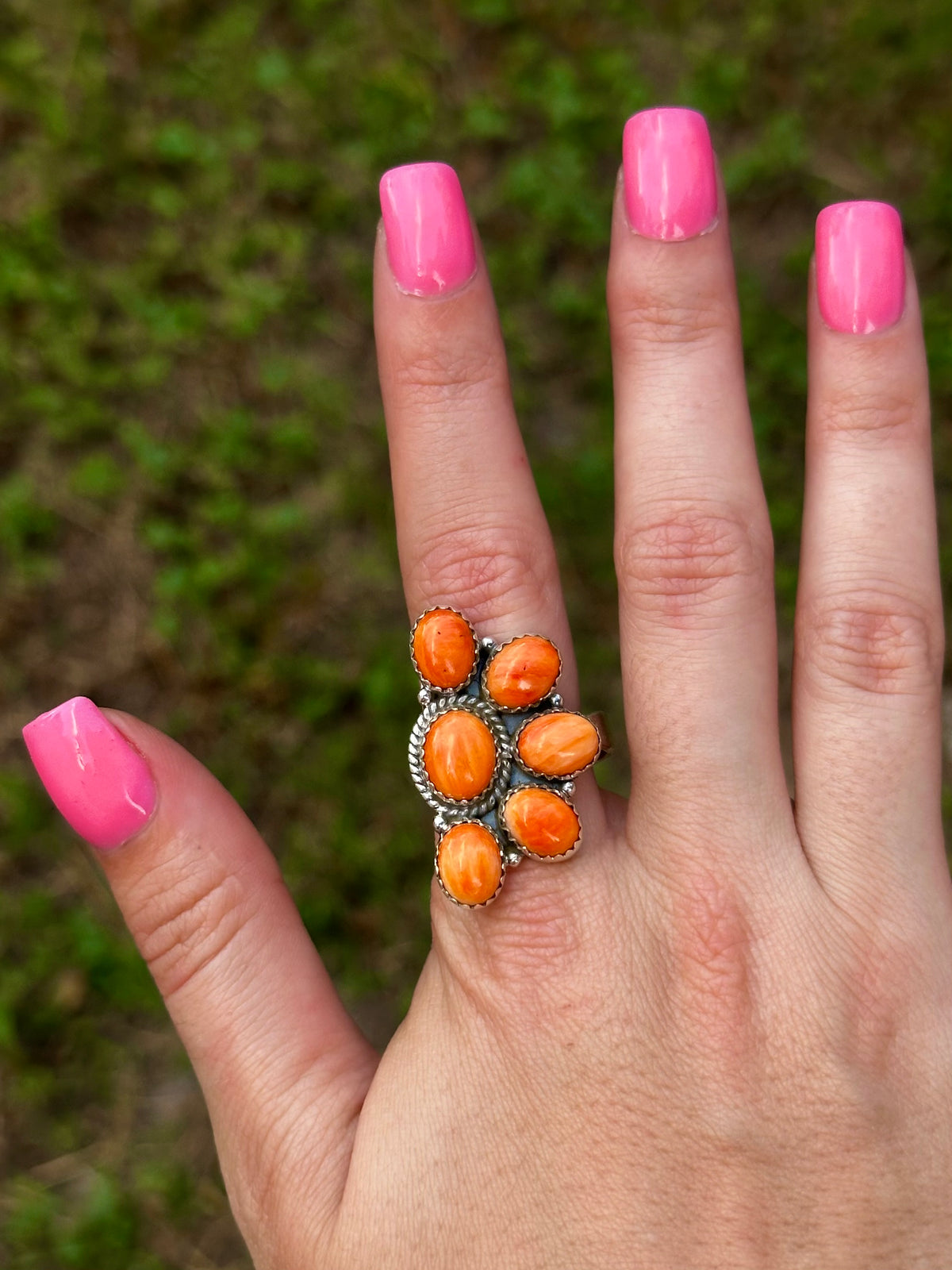 Adjustable orange spiny half cluster ring