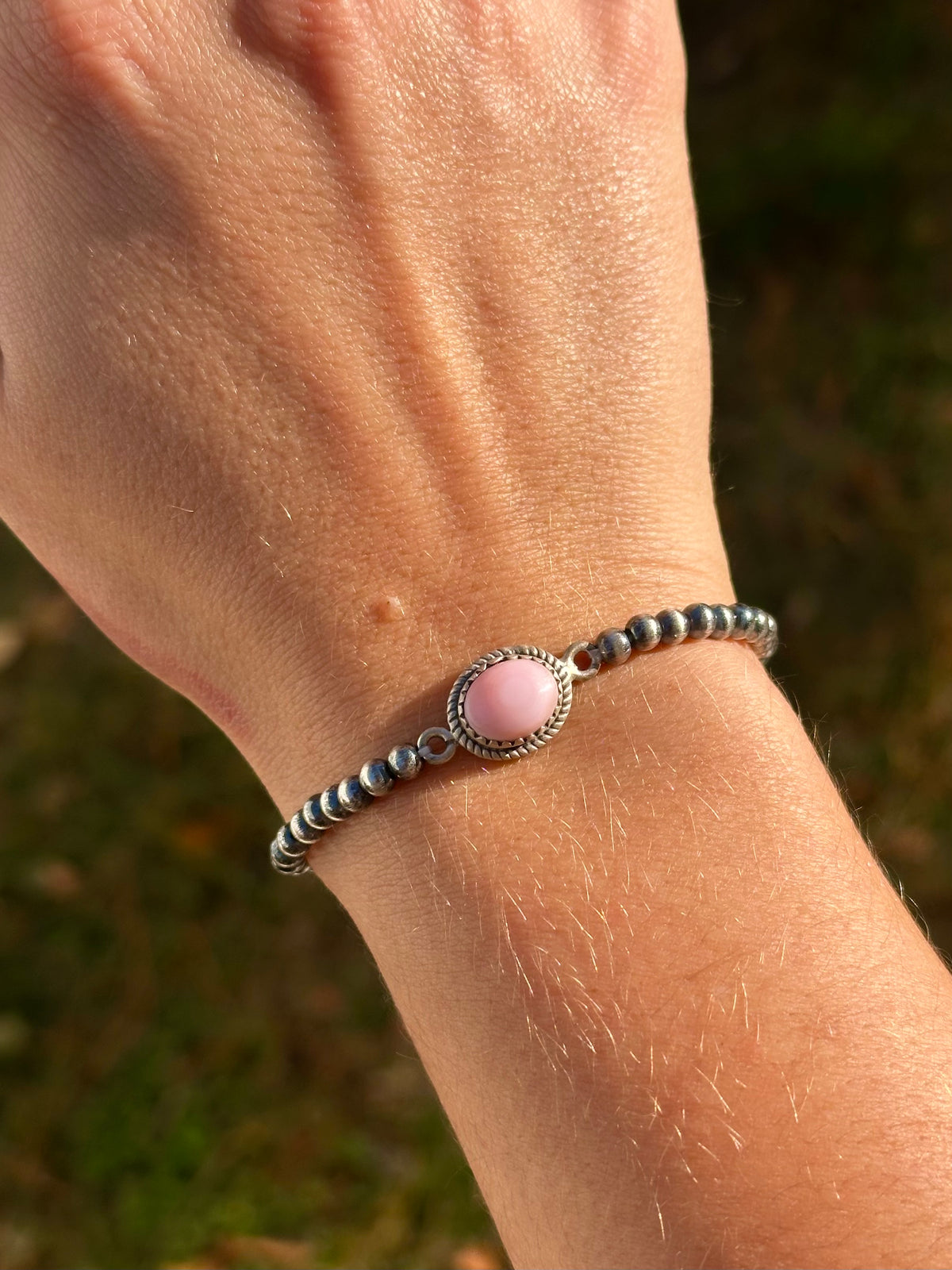 Pink conch stretch bracelet with 4mm sterling pearls