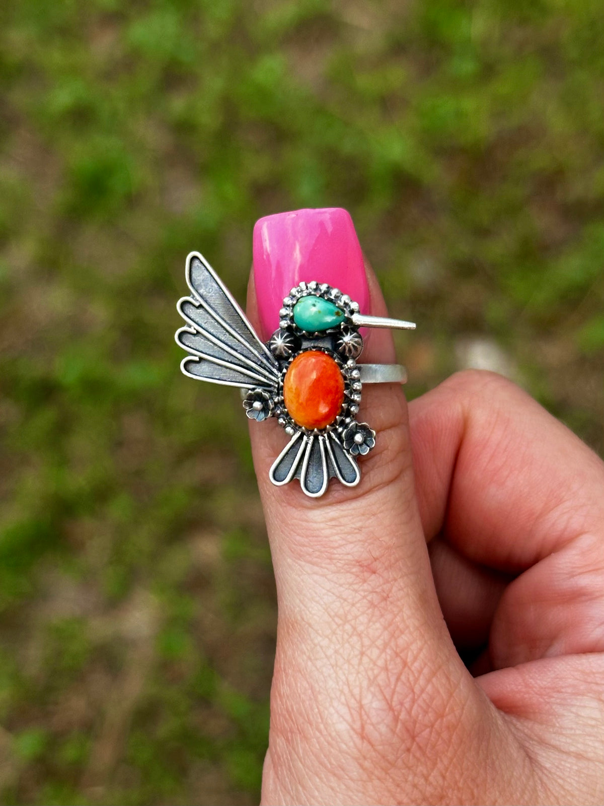 Adjustable orange spiny & turquoise humming bird ring