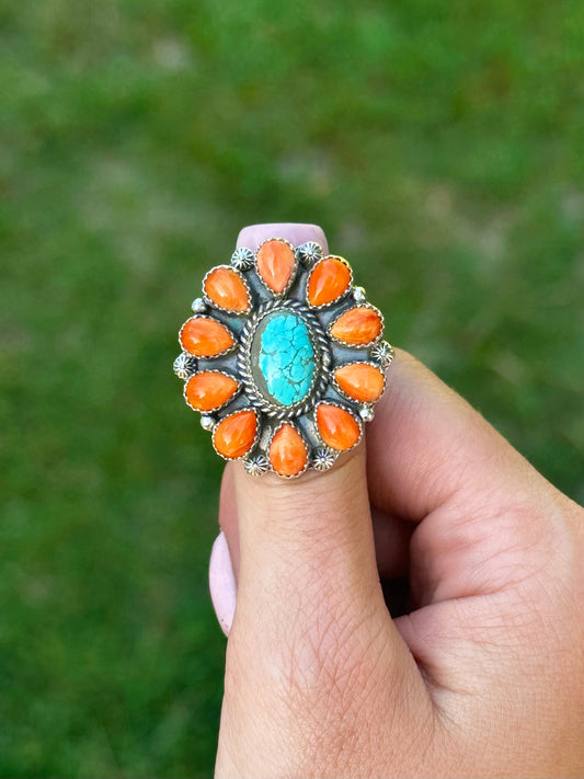 Adjustable orange spiny & #8 turquoise ring