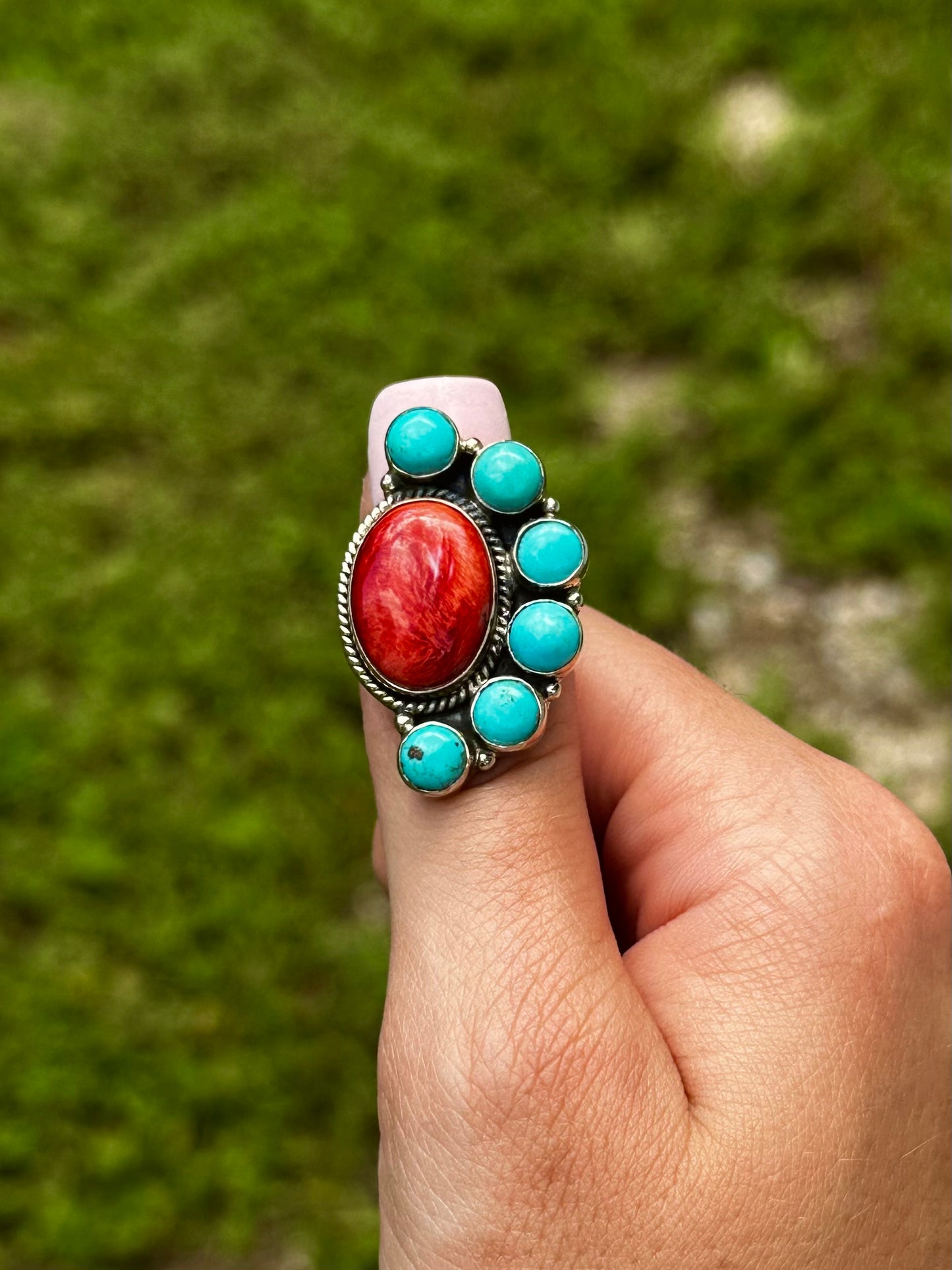 Adjustable red spiny & kingman half cluster ring