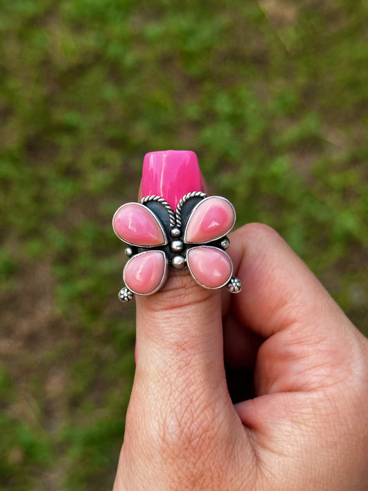 Adjustable pink conch butterfly ring