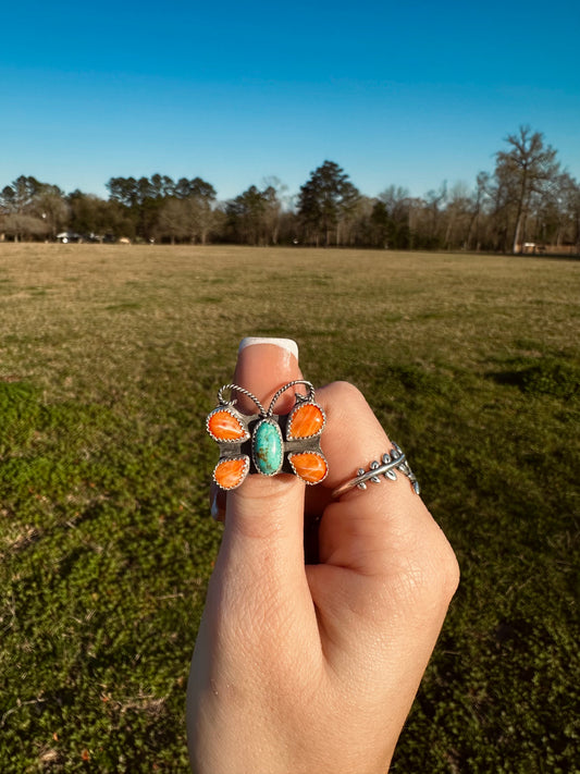Adjustable orange spiny butterfly ring