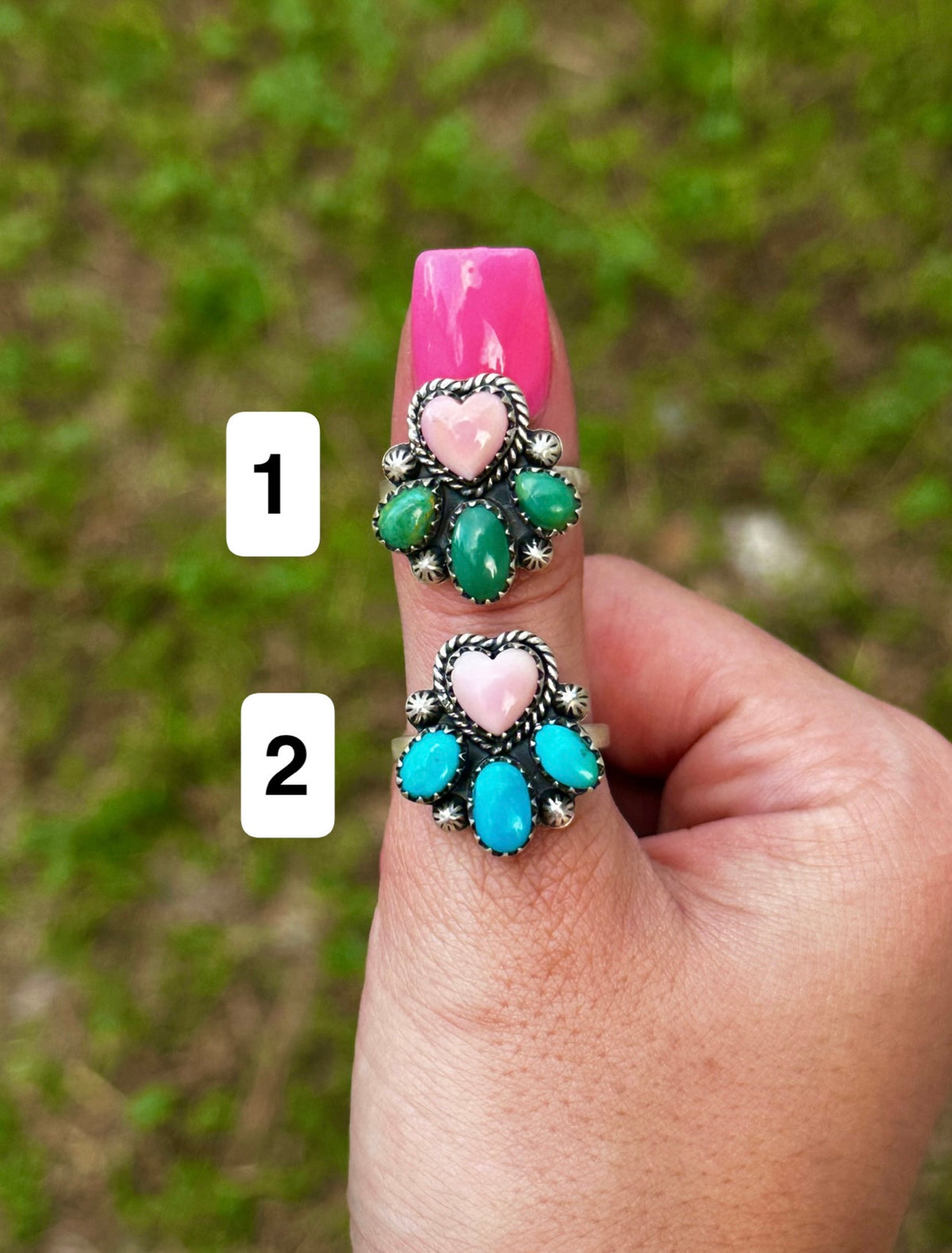 Adjustable pink conch & turquoise heart ring