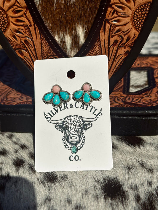 Pink Conch & Kingman Cluster Studs