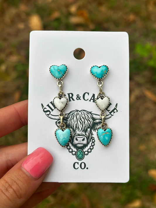 Turquoise & white buffalo heart earrings